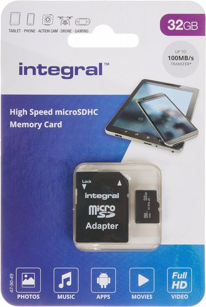 Integral 32GB High Speed MicroSDHC Memory Card, UHS-I U3 A1 V30 100MB/s Read